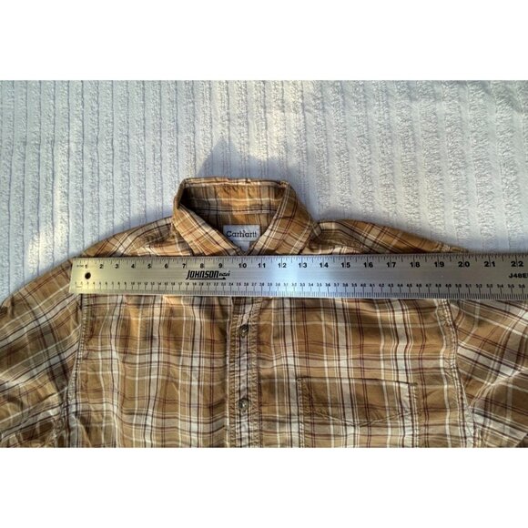Carhartt Men's Button-Down Shirt Short Sleeve Pocket Plaid Large Brown White - Picture 5 of 7